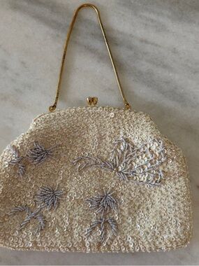 Vintage Ivory Sequin Evening Bag with Beaded Floral Accents